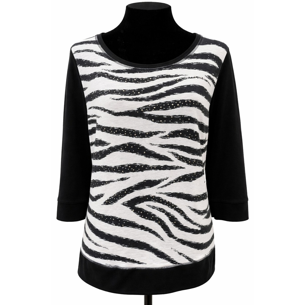 Chico's Womens Pullover 3/4 Sleeve Crew Neck Top Size 2 Black Zebra Print Cotton